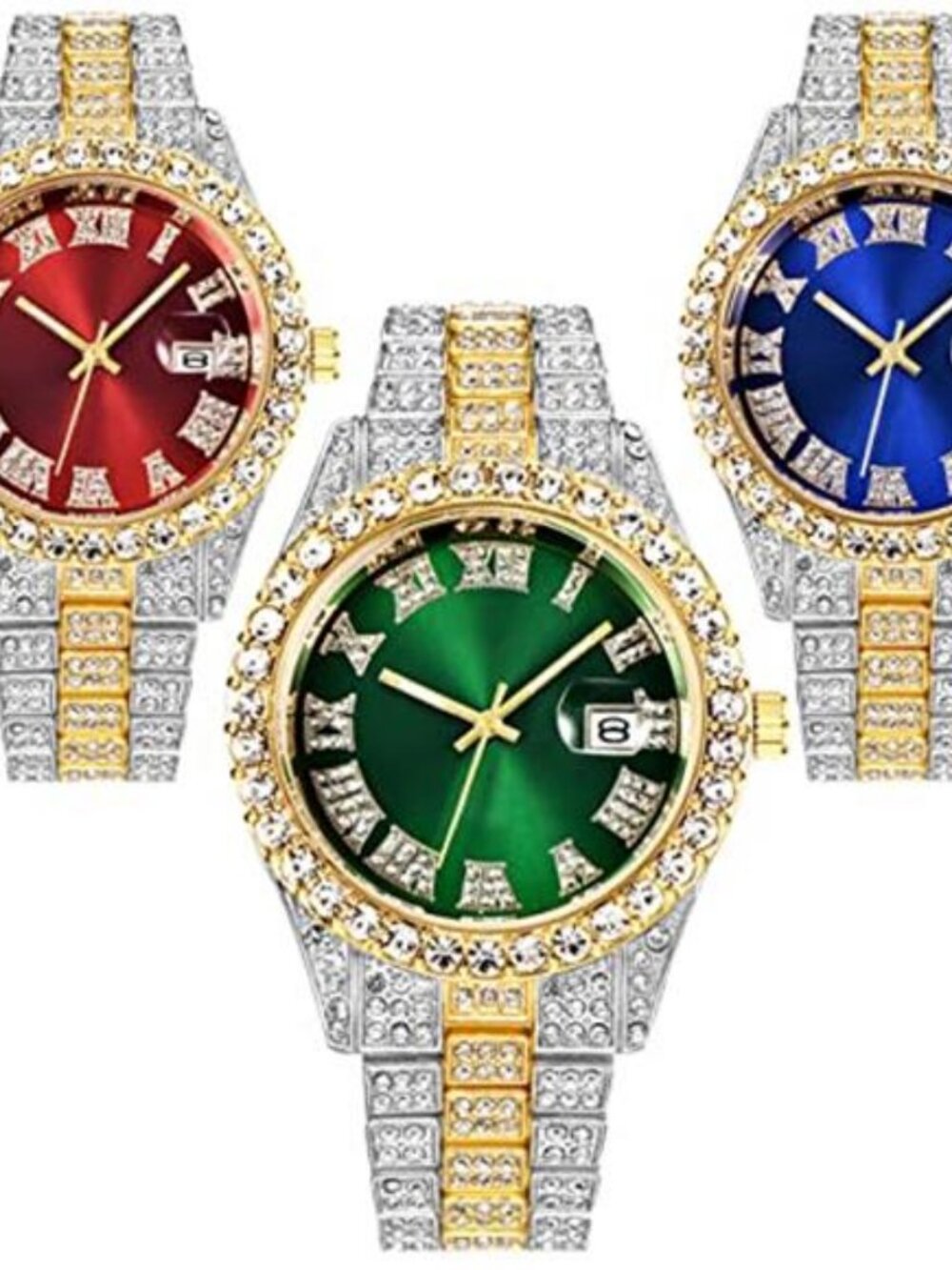 3 Pack Luxury Men Hip Hop Watch with Roman Scale Calendar Diamond Wrist - Picture 1 of 7